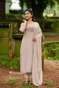 Beige viscose organza partywear kurti with handworked yoke and dupatta (bottom fabric included) MBS-1333