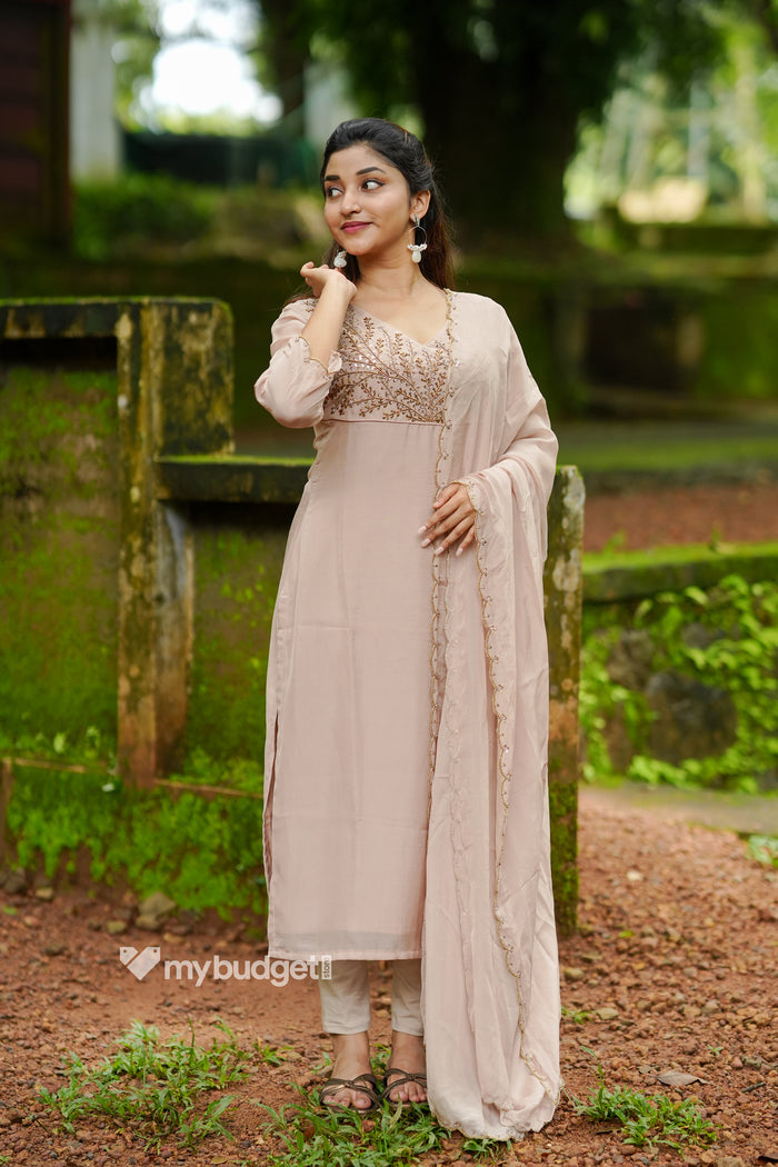 Beige viscose organza partywear kurti with handworked yoke and dupatta (bottom fabric included) MBS-1333