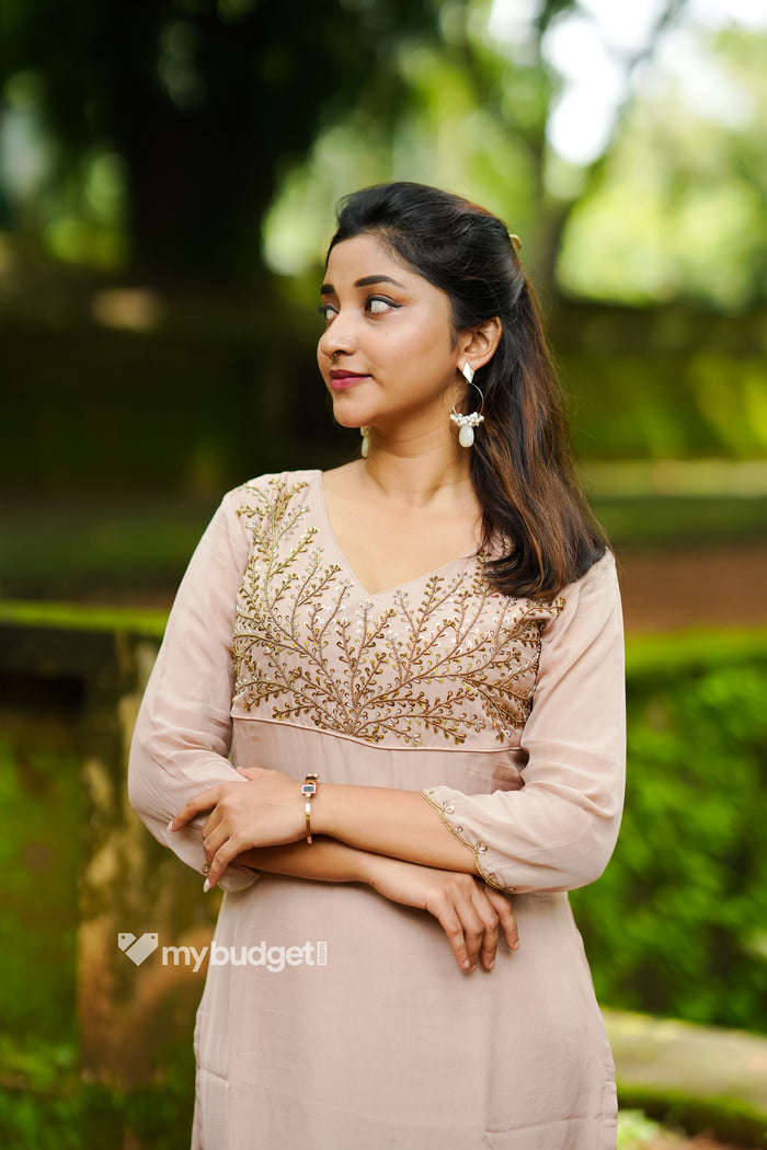 Beige viscose organza partywear kurti with handworked yoke and dupatta (bottom fabric included) MBS-1333