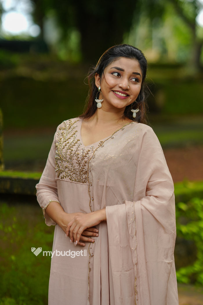 Beige viscose organza partywear kurti with handworked yoke and dupatta (bottom fabric included) MBS-1333