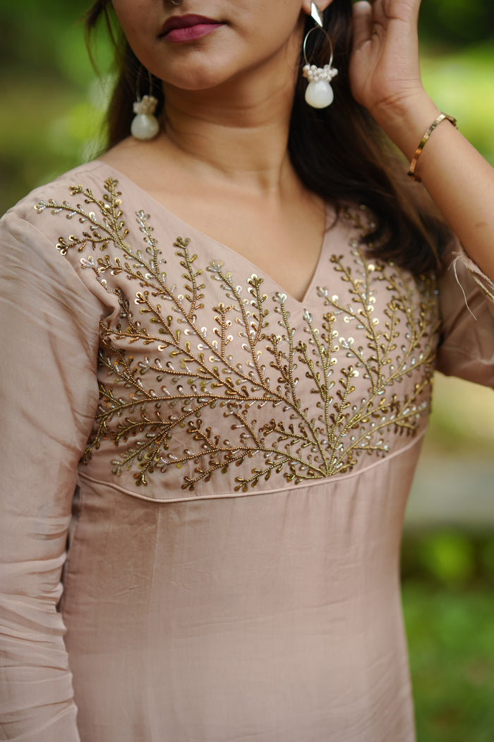 Beige viscose organza partywear kurti with handworked yoke and dupatta (bottom fabric included) MBS-1333