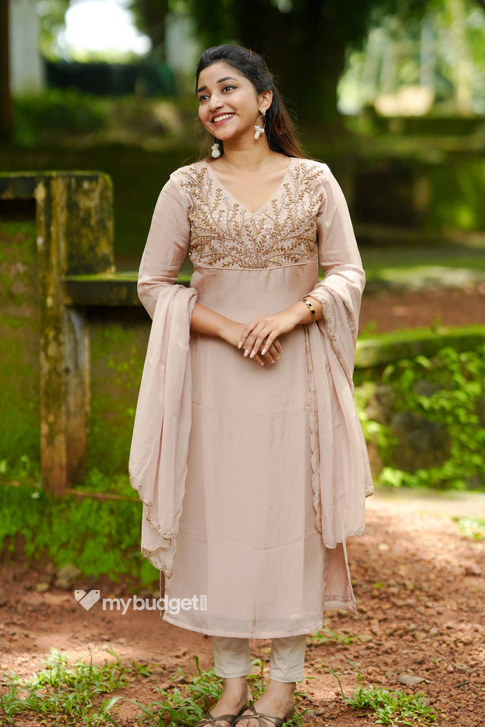 Beige viscose organza partywear kurti with handworked yoke and dupatta (bottom fabric included) MBS-1333