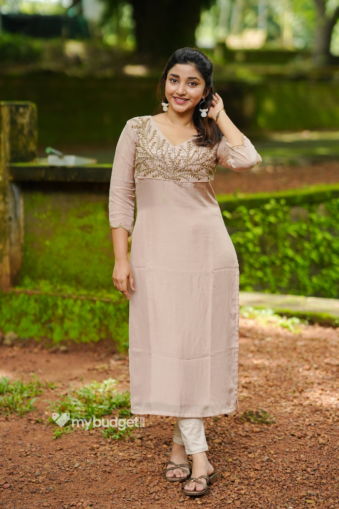 Beige viscose organza partywear kurti with handworked yoke and dupatta (bottom fabric included) MBS-1333
