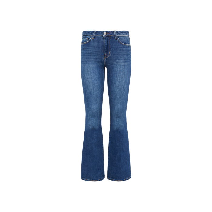 The Bell Flare Jean is a pair of vintage-inspired blue denim bootcut jeans, featuring a button and zipper closure, front and back pockets, and crafted from premium stretch denim, displayed on a white background.