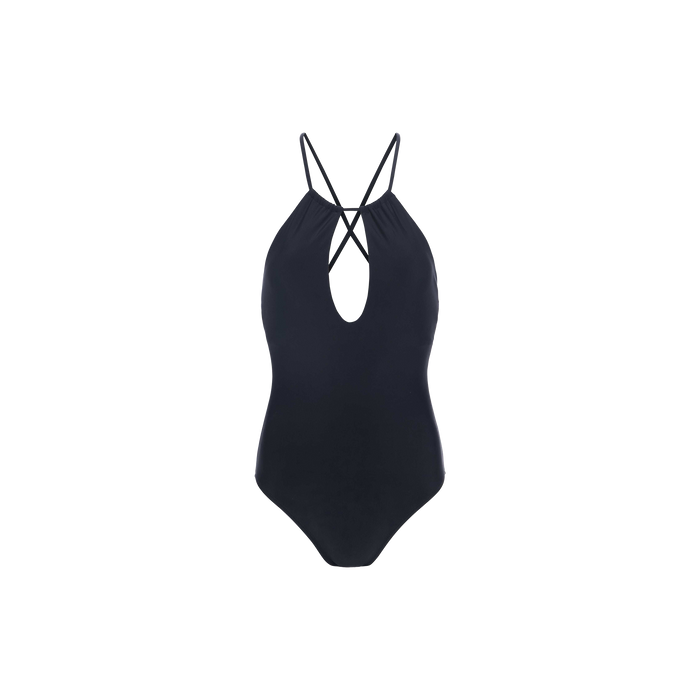 The Belle Keyhole One-Piece is a black swimsuit with a plunging keyhole detail, deep V neckline, and thin crisscross straps at the back, shown against a plain white background.