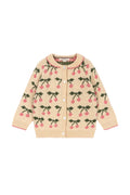 A cream-colored knit cardigan sweater featuring a repeating pattern of pink cherries on branches with green leaves, shown against a plain white background.