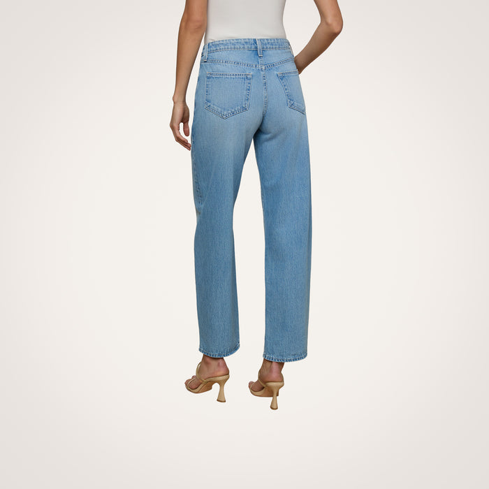 A person is shown from the back against a plain, light background wearing the Bex Rodeo Jean—a pair of light blue, high-waisted barrel leg jeans crafted from all-cotton denim—paired with heeled sandals.