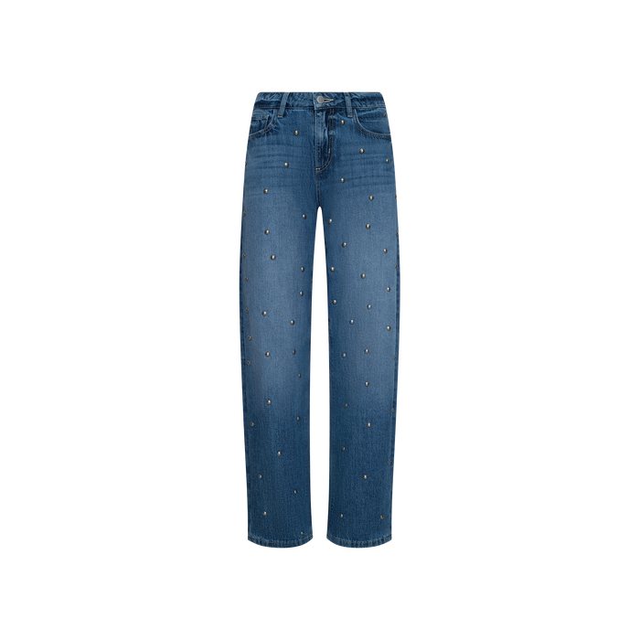 The Bex Studded Rodeo Jean is a high rise, blue straight-leg style with classic pockets and a button fly, featuring small, evenly spaced studded embellishments on the front denim. Displayed on a plain white background.