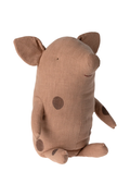 A brown fabric pig-shaped plush toy with dark brown spots, photographed against a solid white background.