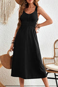 Black Button Shirred High Waist Sleeveless Midi Dress Shewin