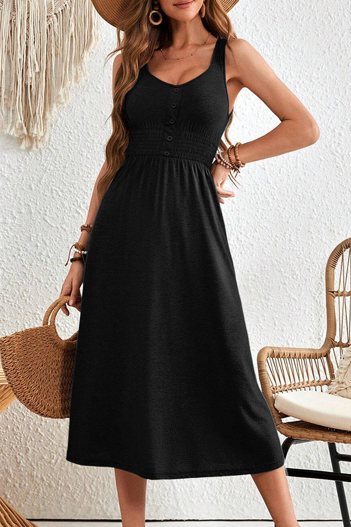 Black Button Shirred High Waist Sleeveless Midi Dress Shewin