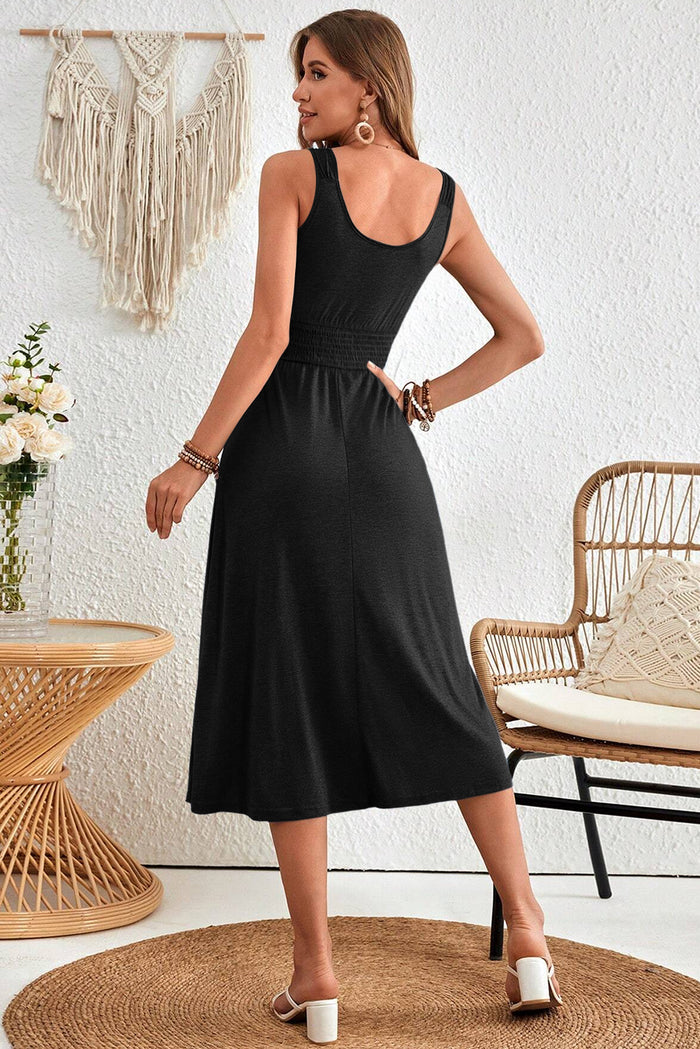 Black Button Shirred High Waist Sleeveless Midi Dress Shewin