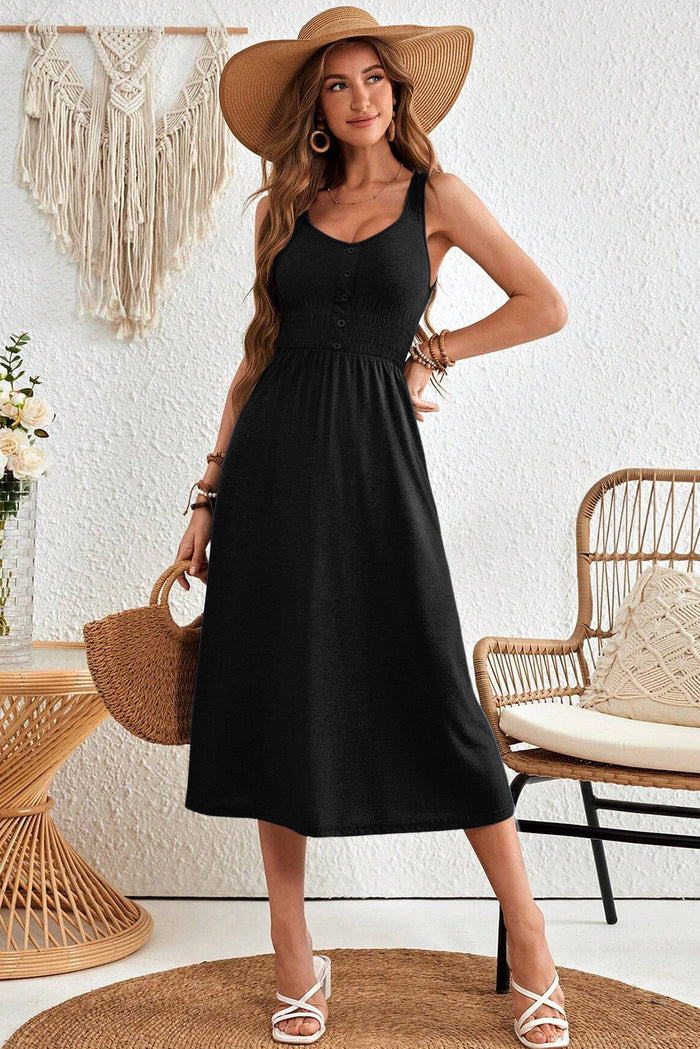 Black Button Shirred High Waist Sleeveless Midi Dress Shewin