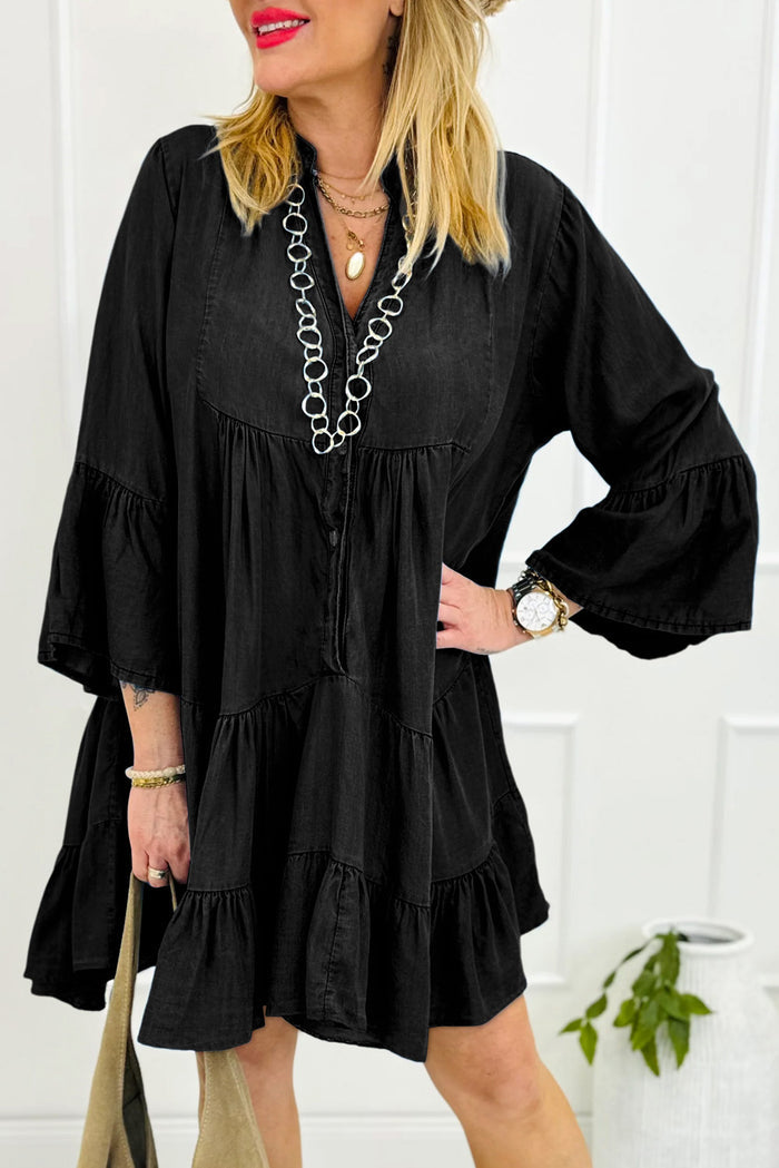 Black Chambray Ruffled 3/4 Sleeve Tiered Split V Neck Mini Dress Shewin