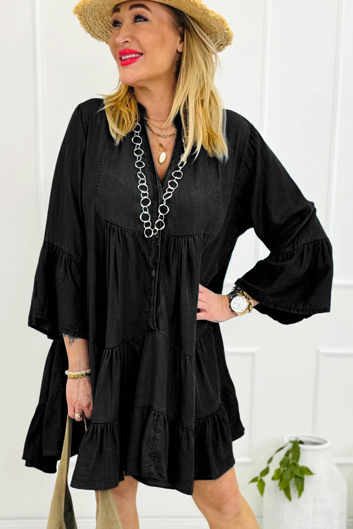Black Chambray Ruffled 3/4 Sleeve Tiered Split V Neck Mini Dress Shewin