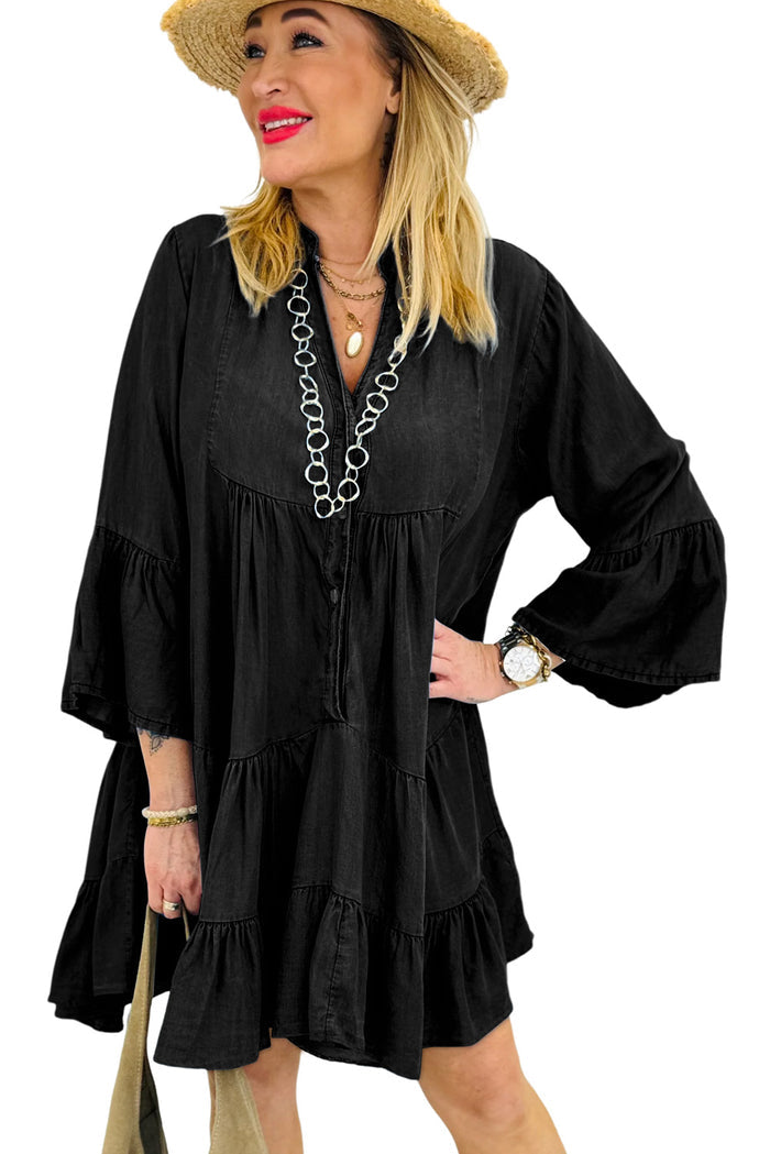 Black Chambray Ruffled 3/4 Sleeve Tiered Split V Neck Mini Dress Shewin