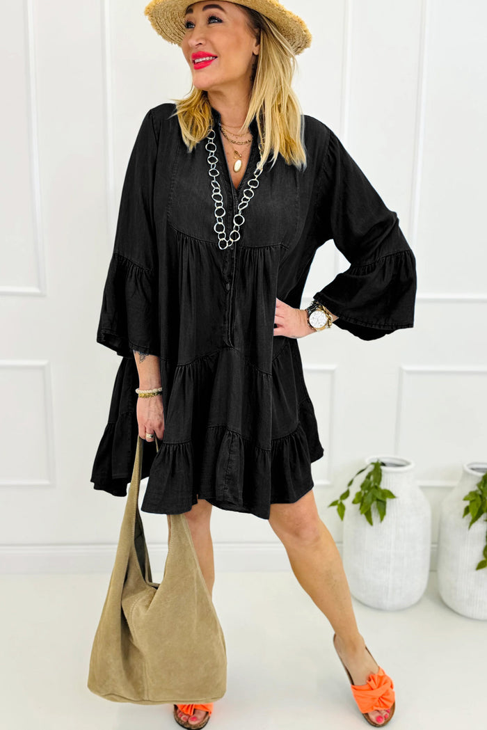 Black Chambray Ruffled 3/4 Sleeve Tiered Split V Neck Mini Dress Shewin