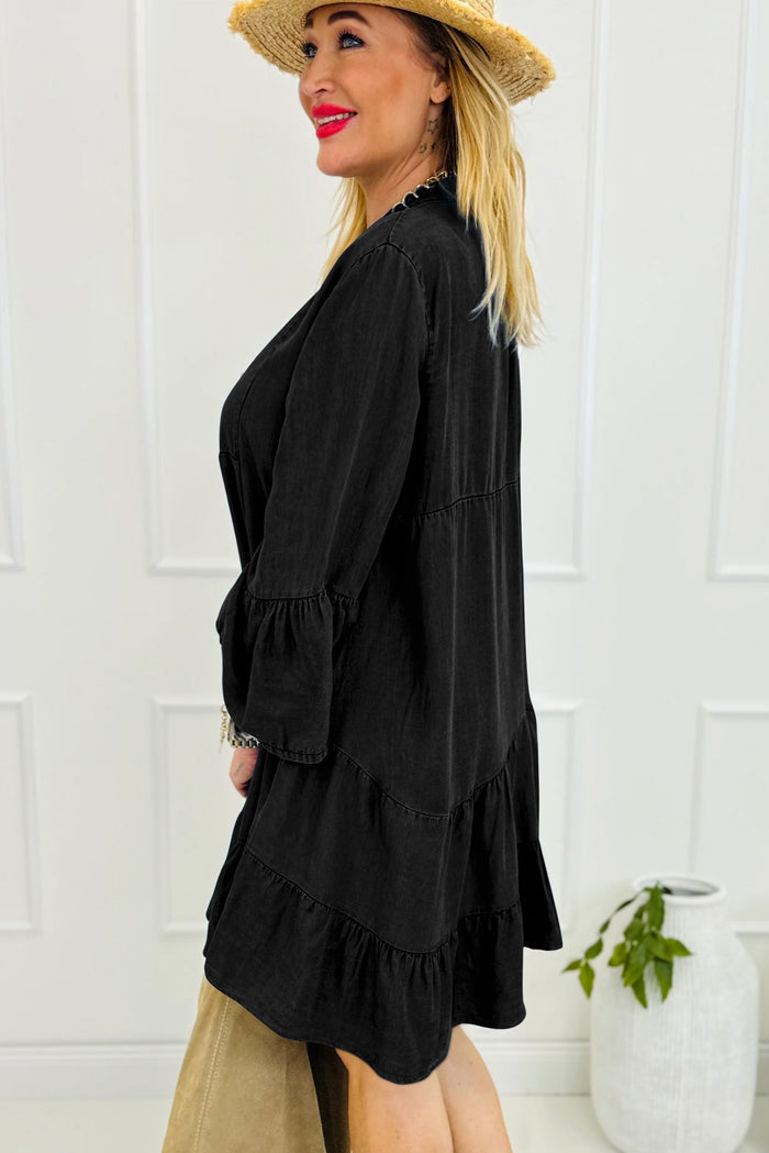Black Chambray Ruffled 3/4 Sleeve Tiered Split V Neck Mini Dress Shewin
