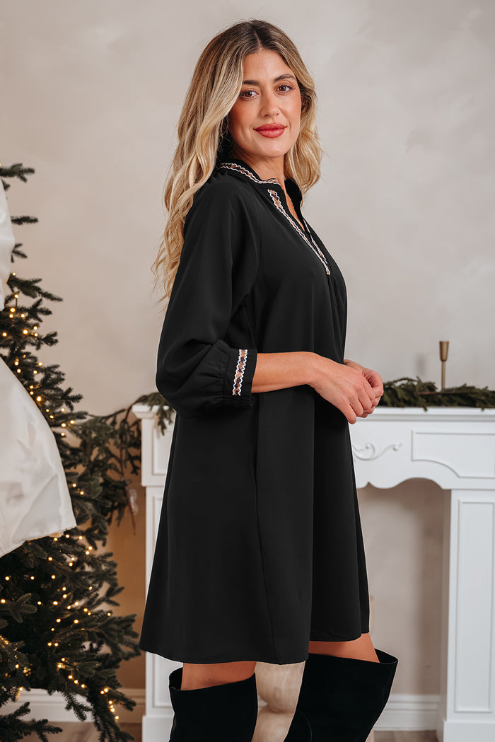Black Contrast Trim V Neck Bracelet Sleeve Shift Mini Dress Shewin