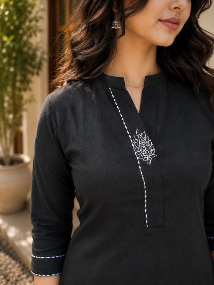 Black flex Aline kurti with thread detailed neckline and sleeves MBS-1180 **Ready to dispatch**