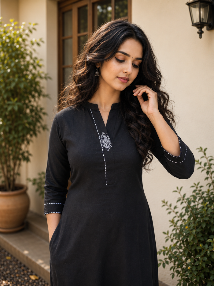 Black flex Aline kurti with thread detailed neckline and sleeves MBS-1180 **Ready to dispatch**