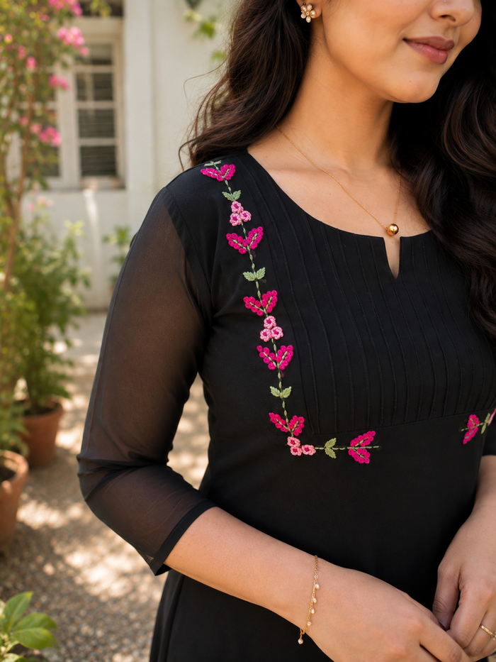 Black georgette Aline kurti with handworked and pintucked yoke MBS-1406 **Ready to dispatch**
