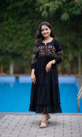 Black georgette kurti/dress with multi colour thread worked yoke and sleeves MBS-498 **Ready to dispatch**