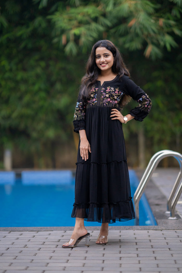 Black georgette kurti/dress with multi colour thread worked yoke and sleeves MBS-498 **Ready to dispatch**