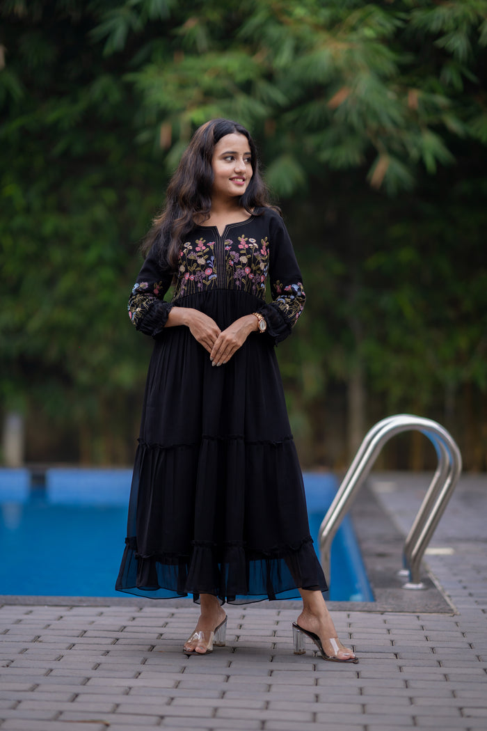 Black georgette kurti/dress with multi colour thread worked yoke and sleeves MBS-498 **Ready to dispatch**