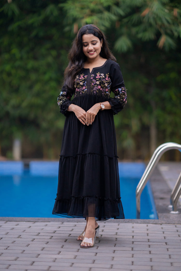 Black georgette kurti/dress with multi colour thread worked yoke and sleeves MBS-498 **Ready to dispatch**