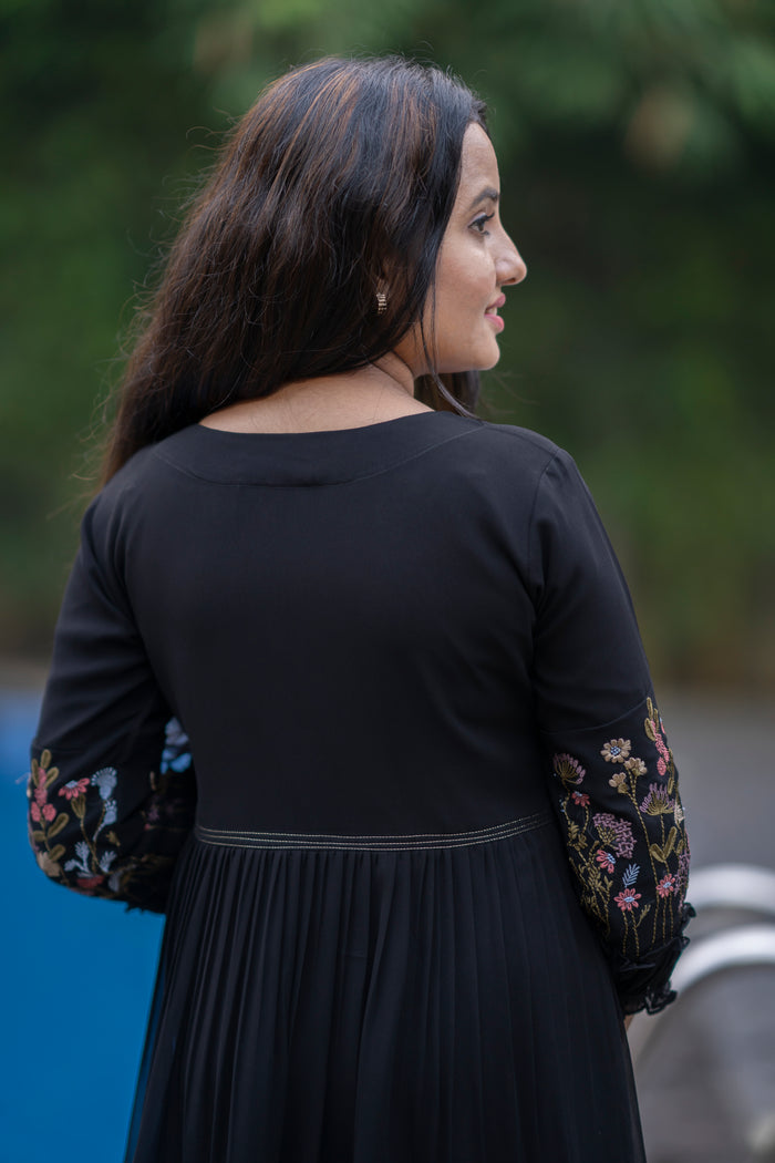 Black georgette kurti/dress with multi colour thread worked yoke and sleeves MBS-498 **Ready to dispatch**