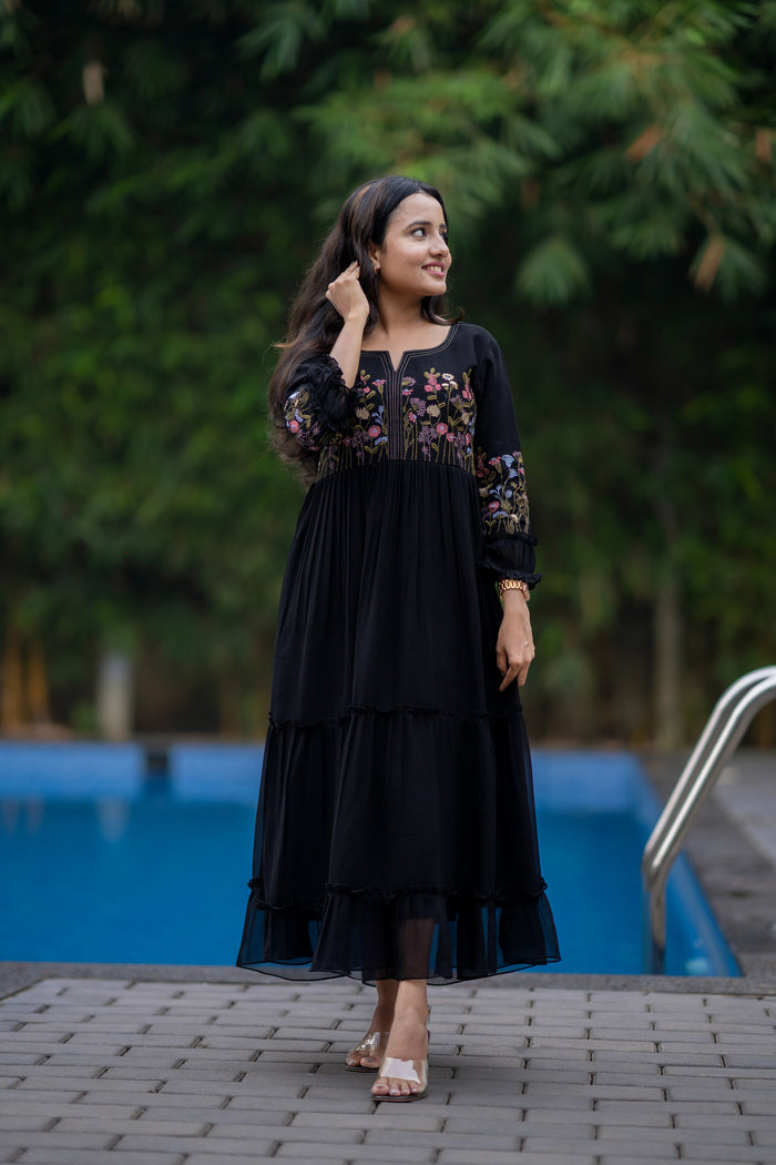 Black georgette kurti/dress with multi colour thread worked yoke and sleeves MBS-498 **Ready to dispatch**