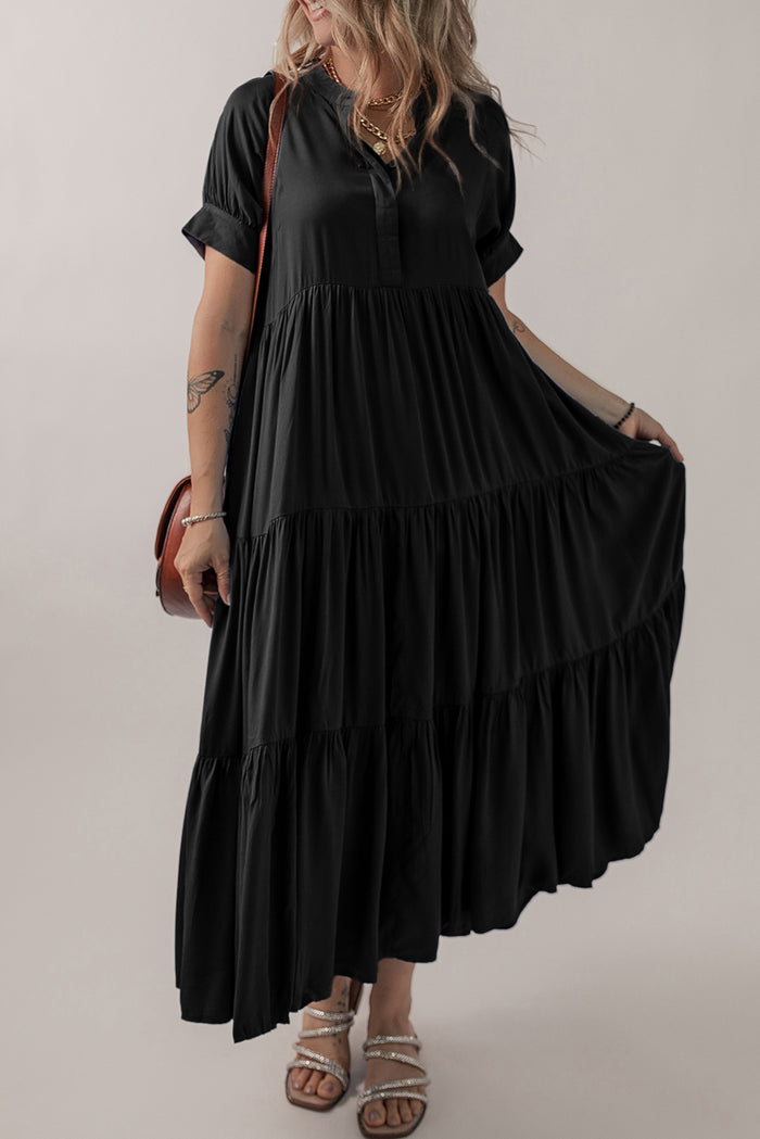 Black Hidden Buttons Short Sleeve Ruffle Tiered Long Flared Dress Shewin