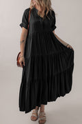 Black Hidden Buttons Short Sleeve Ruffle Tiered Long Flared Dress Shewin