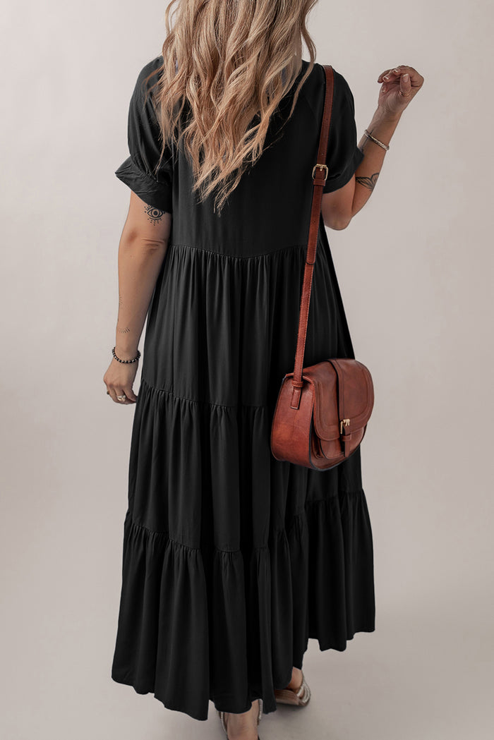 Black Hidden Buttons Short Sleeve Ruffle Tiered Long Flared Dress Shewin