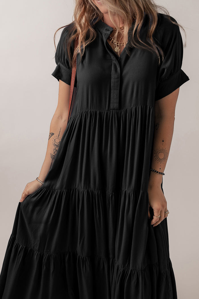 Black Hidden Buttons Short Sleeve Ruffle Tiered Long Flared Dress Shewin
