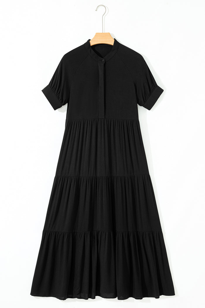 Black Hidden Buttons Short Sleeve Ruffle Tiered Long Flared Dress Shewin