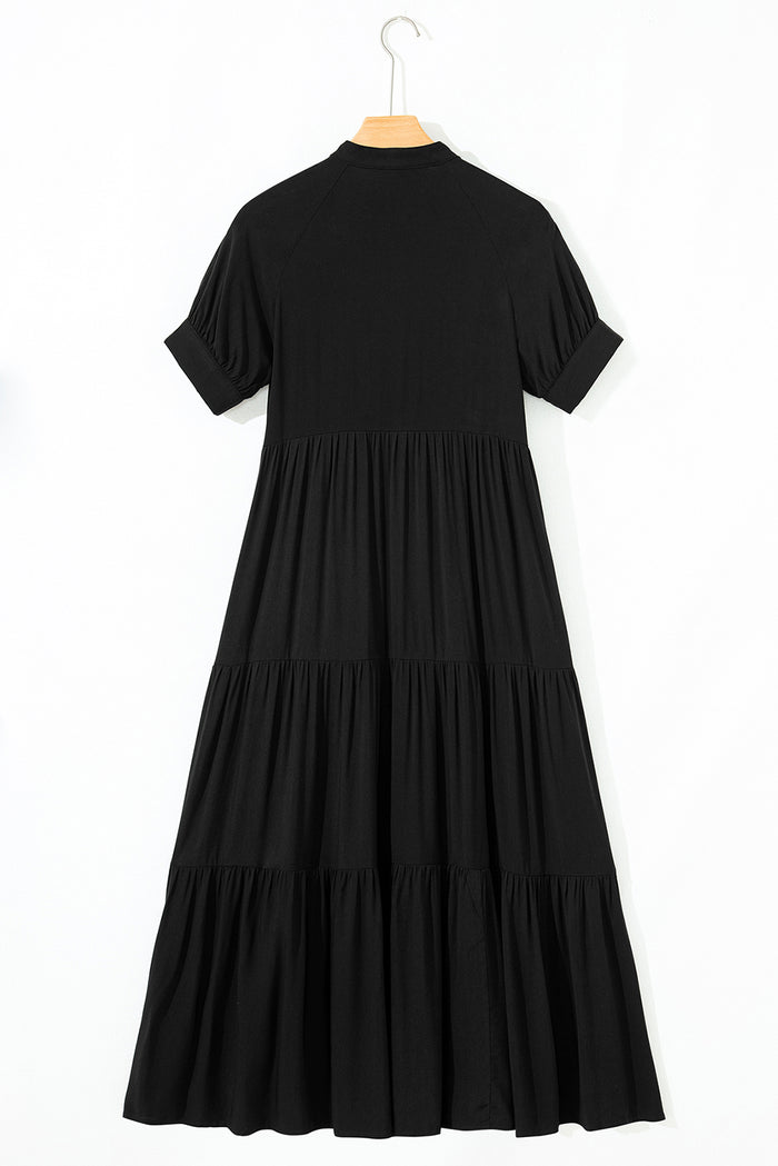 Black Hidden Buttons Short Sleeve Ruffle Tiered Long Flared Dress Shewin