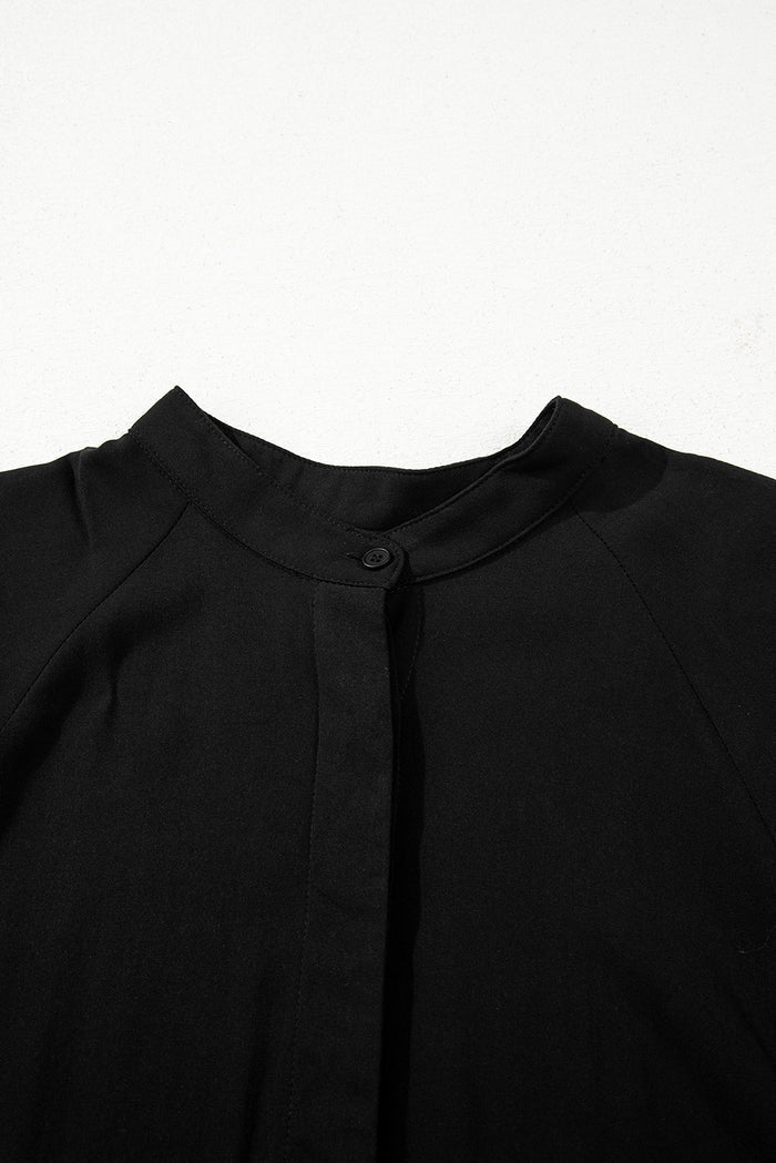 Black Hidden Buttons Short Sleeve Ruffle Tiered Long Flared Dress Shewin