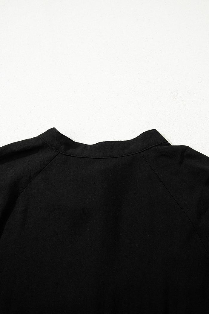 Black Hidden Buttons Short Sleeve Ruffle Tiered Long Flared Dress Shewin