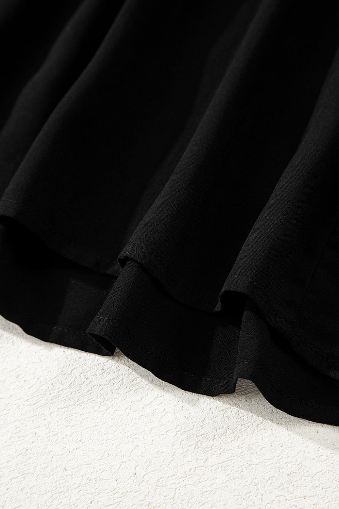 Black Hidden Buttons Short Sleeve Ruffle Tiered Long Flared Dress Shewin