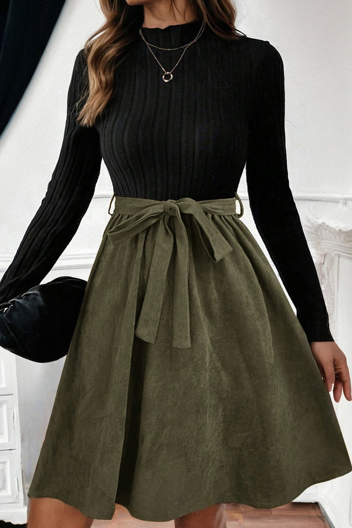 Black Ribbed Knit Slim Bodice Contrast Flared Skirt Patchwork Belted Dress Shewin