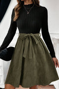 Black Ribbed Knit Slim Bodice Contrast Flared Skirt Patchwork Belted Dress Shewin