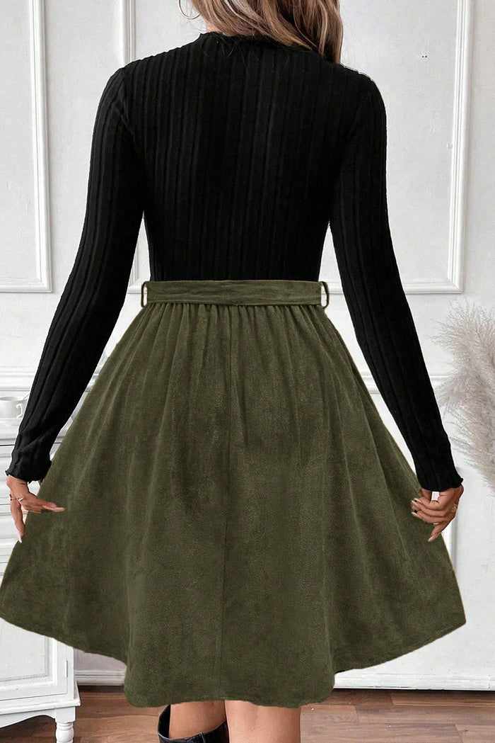 Black Ribbed Knit Slim Bodice Contrast Flared Skirt Patchwork Belted Dress Shewin
