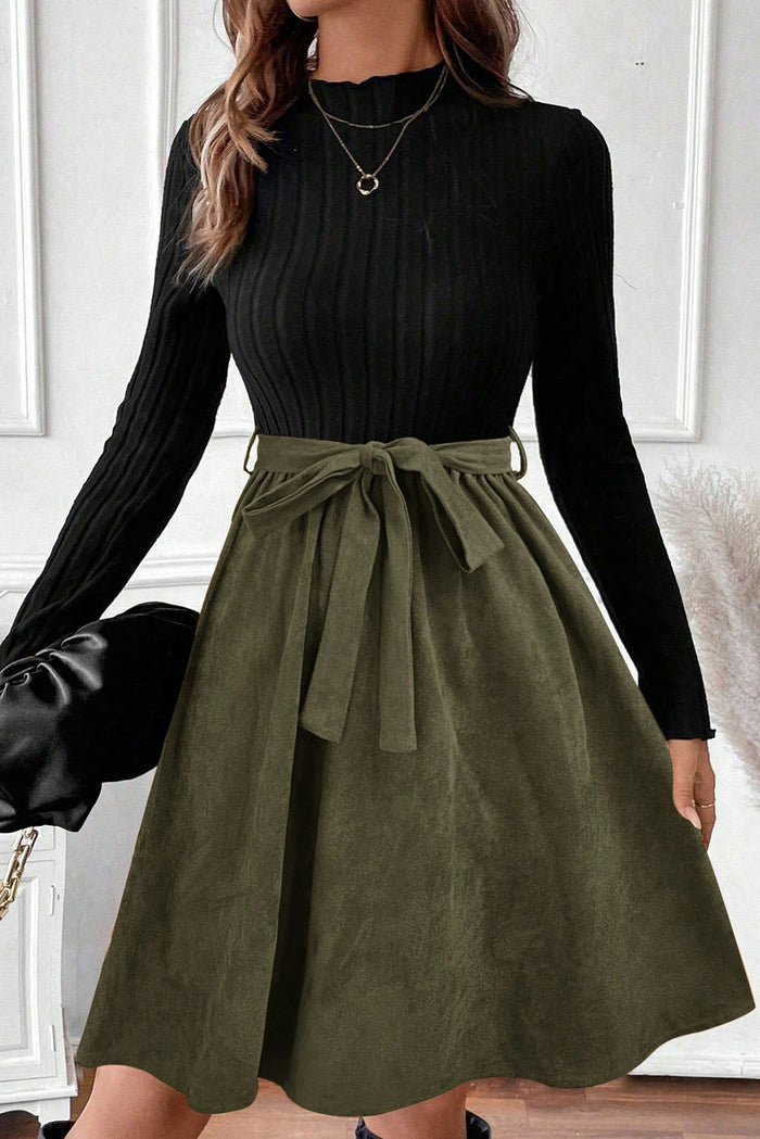 Black Ribbed Knit Slim Bodice Contrast Flared Skirt Patchwork Belted Dress Shewin