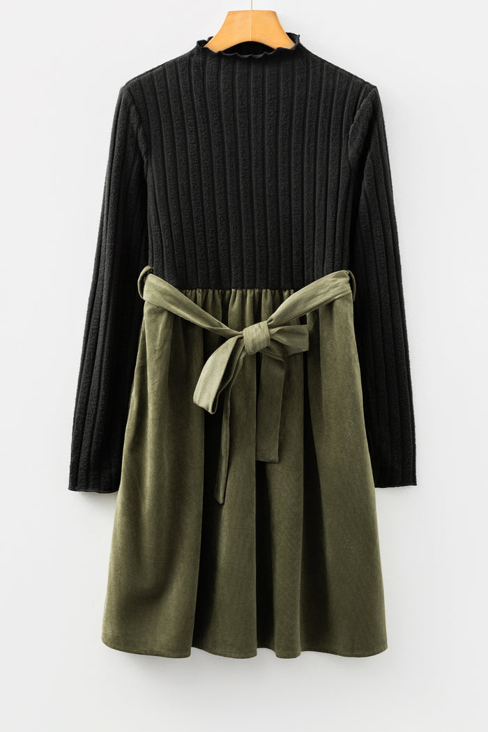 Black Ribbed Knit Slim Bodice Contrast Flared Skirt Patchwork Belted Dress Shewin