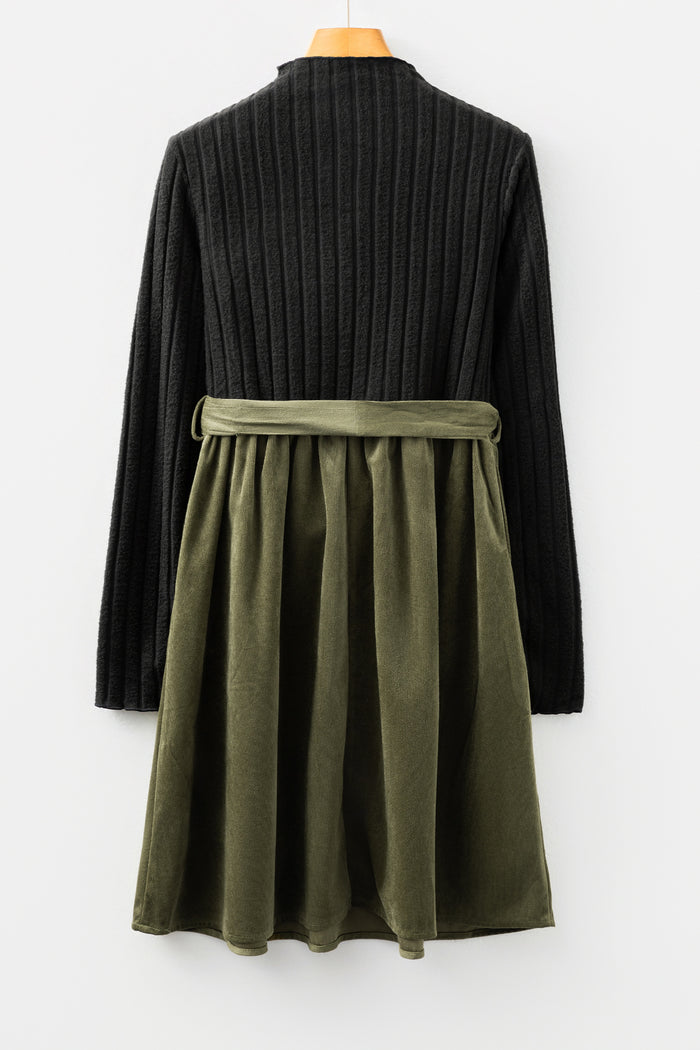 Black Ribbed Knit Slim Bodice Contrast Flared Skirt Patchwork Belted Dress Shewin
