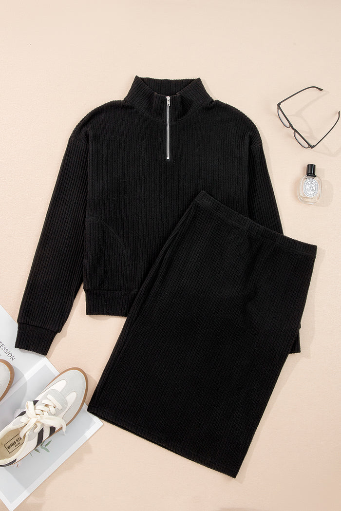 Black Ribbed Zip Neck Drop Shoulder Pullover Bodycon Skirt Set Shewin
