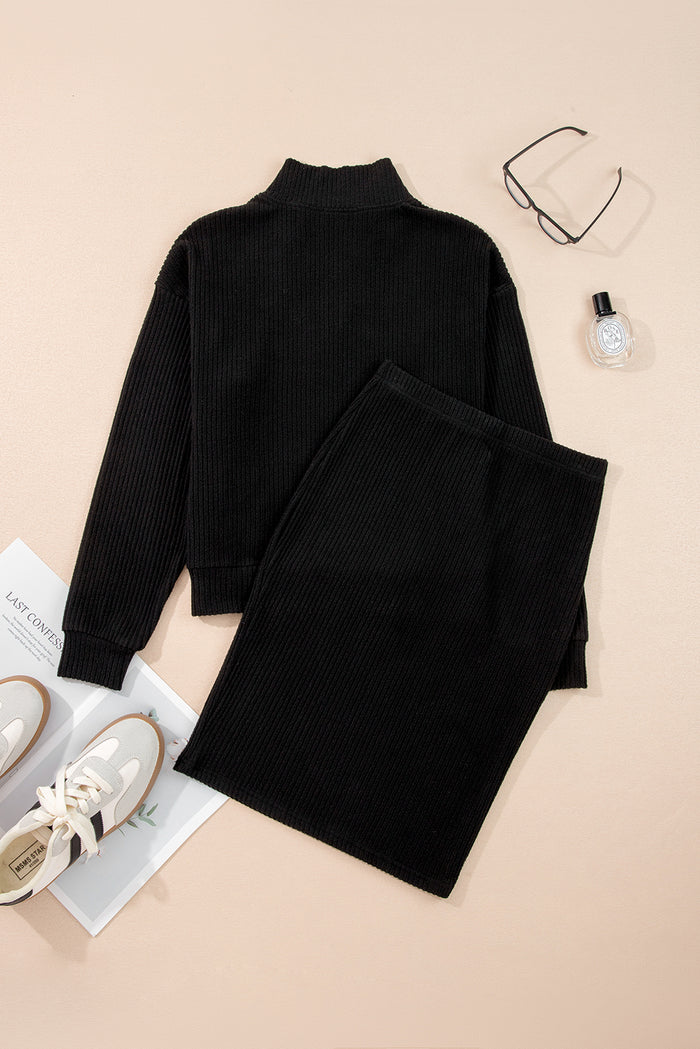 Black Ribbed Zip Neck Drop Shoulder Pullover Bodycon Skirt Set Shewin