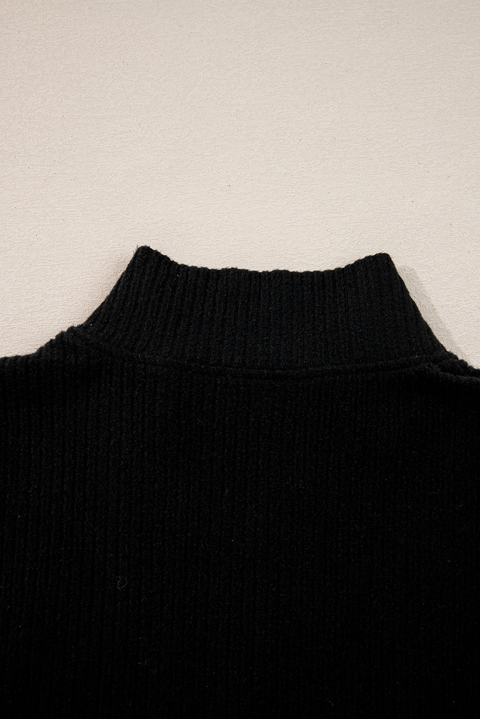 Black Ribbed Zip Neck Drop Shoulder Pullover Bodycon Skirt Set Shewin